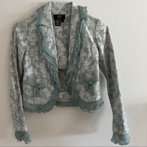 True meaning jacquard ruffle trim blazer